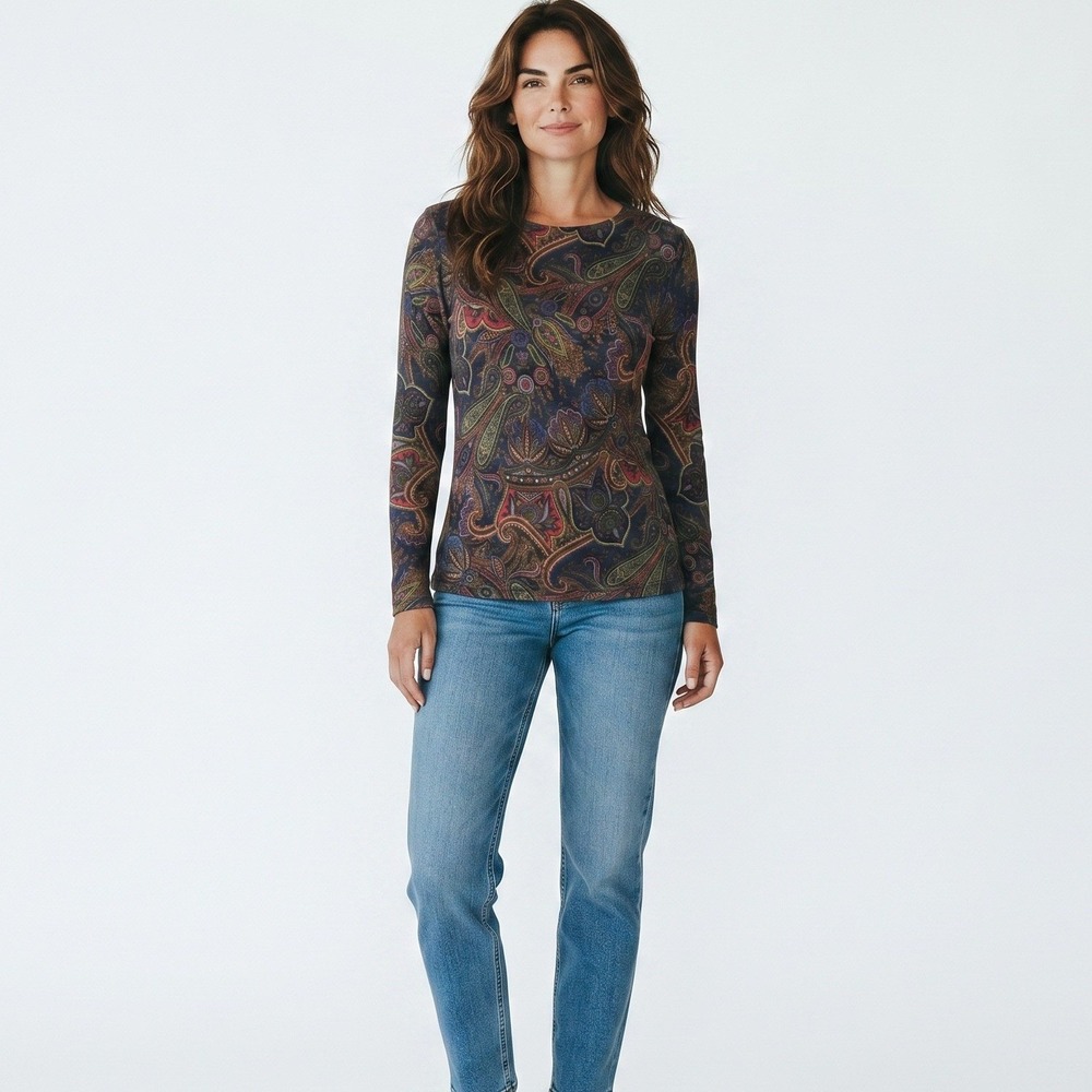 Lauren‎ Ralph Lauren Petite Silk Cotton Paisley Boat Neck Long Sleeve Top P/S